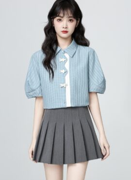 Striped Blue Short Sleeve Polo Collar Shirt