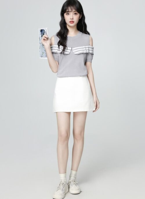 Striped Off Shoulder Knit Short Sleeve Top Gray