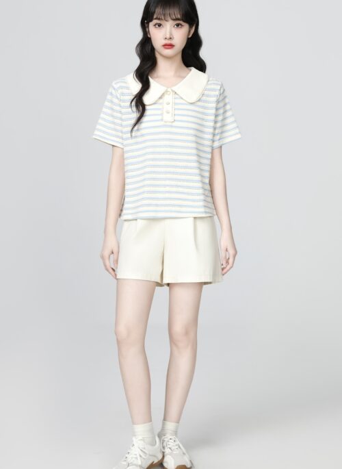 Striped Polo Collar Short Sleeve Hollow Out Top