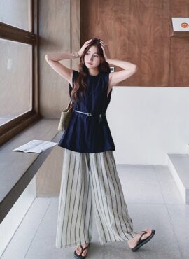 Striped Relaxed Fit Vest And Wide Leg Pants Set