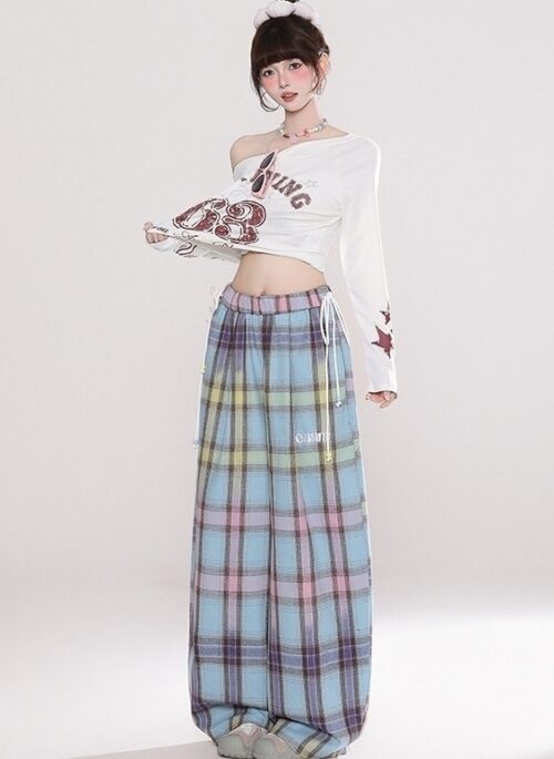 Vintage Colorful Gradient Plaid Wide Leg Casual Pants