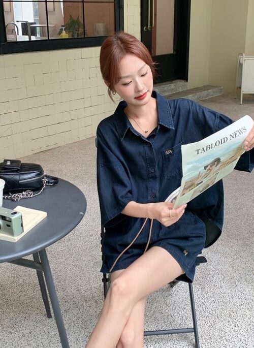 Vintage Denim Drawstring Shorts And Jacket Set