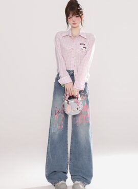 Vintage Graffiti Letter Print Loose Denim Wide Leg Pants