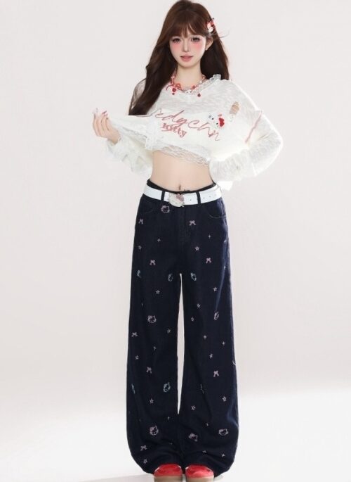 Vintage Kitty Embroidered Washed Wide Leg Jeans