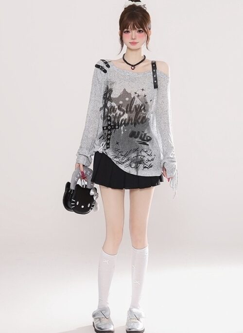 Vintage Letter Print Off Shoulder Long Sleeve Top