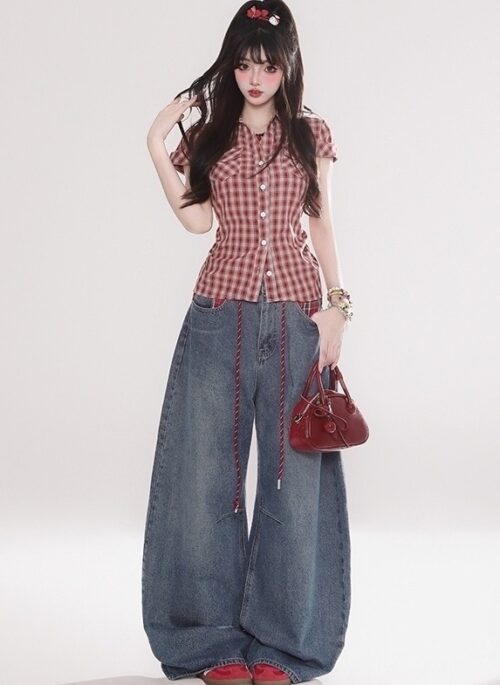 Vintage Patchwork Drawstring Wide Leg Denim Pants