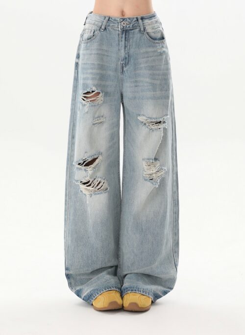 Vintage Washed Distressed Wide Leg Denim Pants