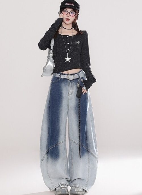 Vintage Washed Gradient Wide Leg Denim Pants