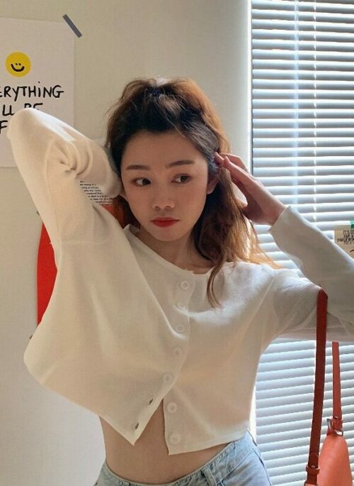 White Button Down Cropped Cardigan | Dahyun – TWICE
