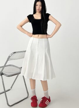 White Pleated Flared Midi Skirt Casual Fit