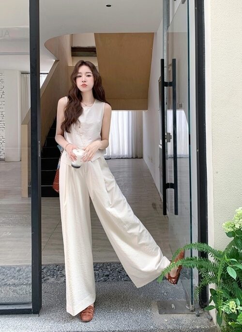 White Relaxed Fit Top And Wide Leg Pants Set