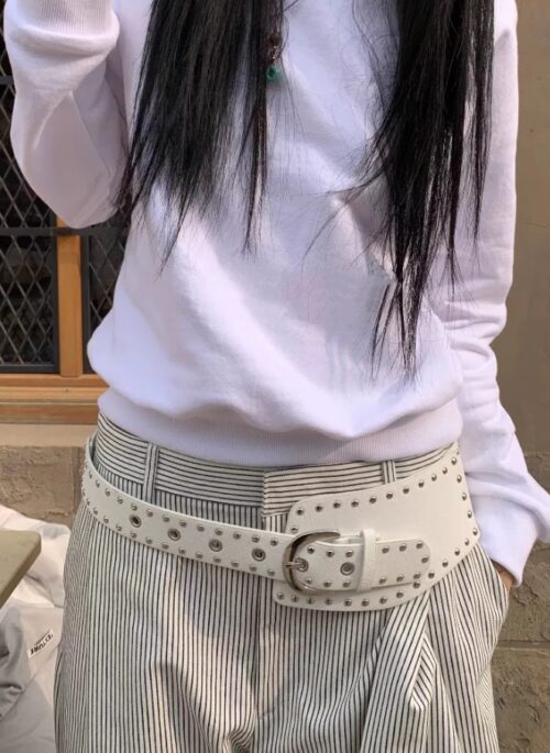 White Rivetted Faux Leather Wide Belt | Rami – BabyMonster