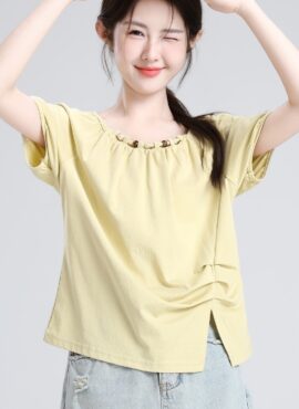 Yellow Ruched Split Hem Short Sleeve Top