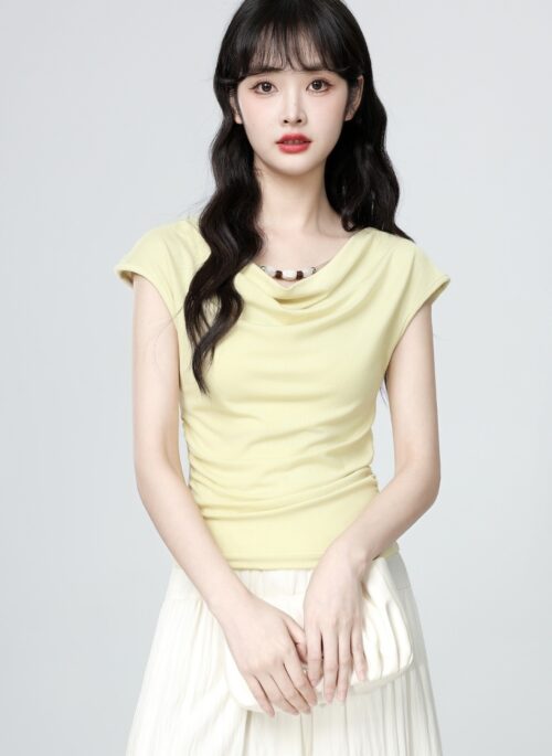 Yellow Ruched Waist Short Sleeve Top