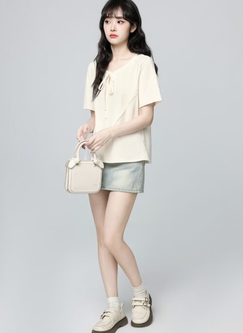 Beige Irregular Neck Short Sleeve Tie Hollow Top