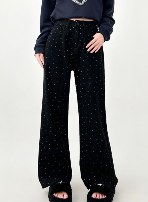 Black Floral Wide Leg High Waist Jeans
