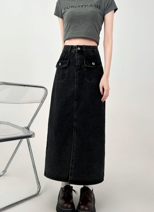Black High Waist A Line Denim Midi Skirt