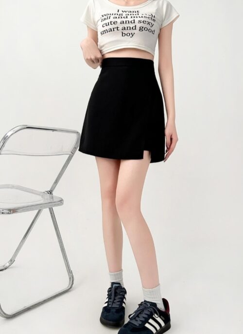 Black High Waist A Line Slit Short Skirt