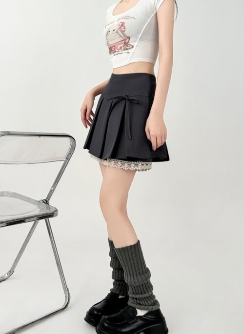 Black Lace Pleated High Waist A Line Skirt