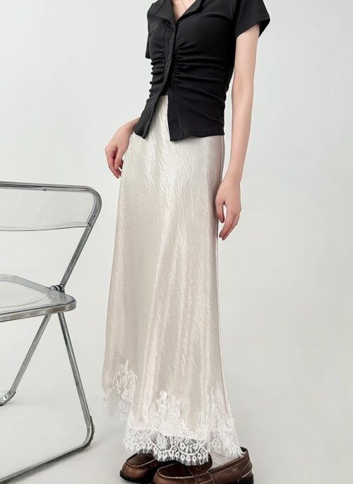 Black Lace Trim Satin Mermaid Midi Skirt