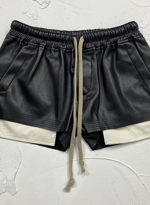 Black Overlay Faux Leather Drawstring Shorts | Rose - BlackPink
