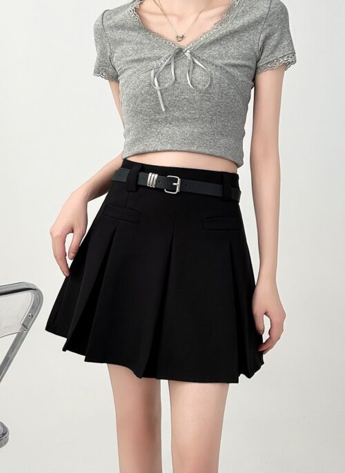 Black Pleated A Line Skirt Slim Fit
