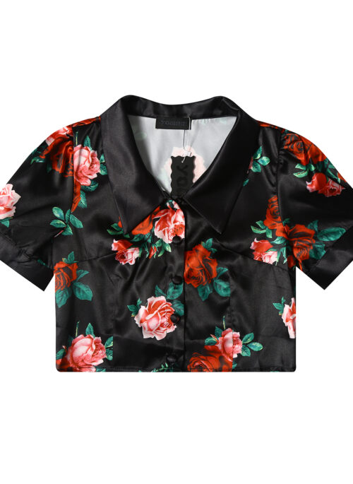 Black Satin Rose Print Crop Shirt | Joy – Red Velvet