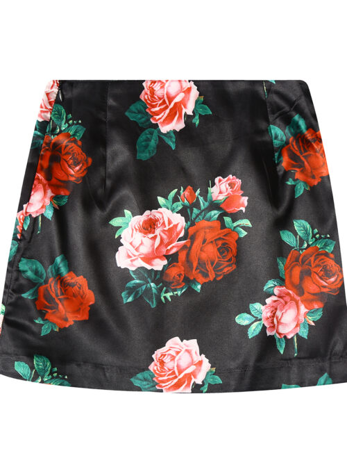 Black Satin Rose Print Mini Skirt | Joy – Red Velvet