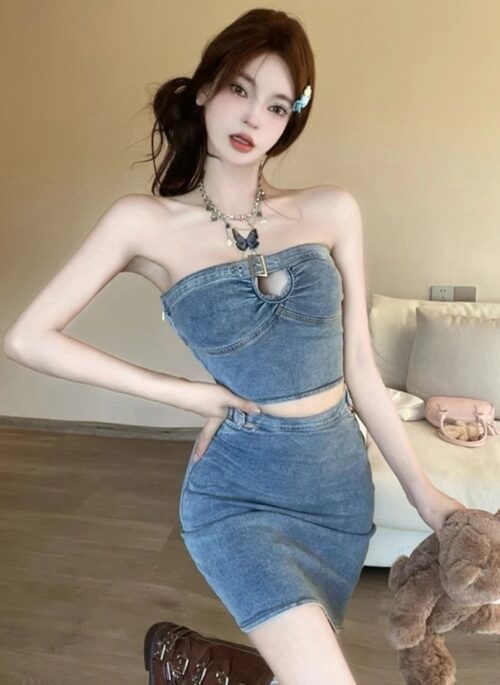 Blue Denim Bustier Cut-Out Tube Set | Giselle – Aespa