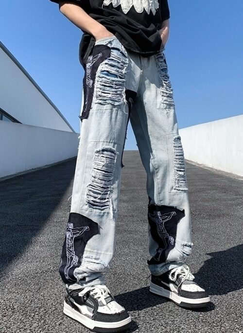 Blue Distressed Patchwork Jeans | Yeonjun – TXT