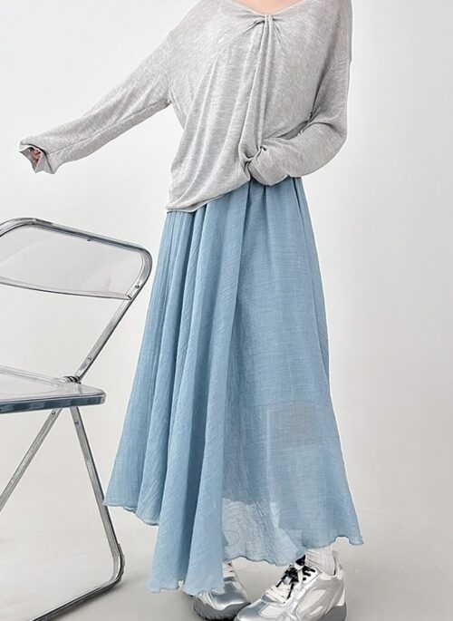 Blue High Waist Flared Midi Skirt