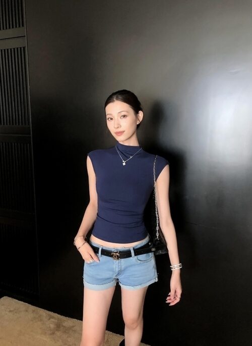 Blue Mock Neck Short Sleeves T-Shirt | Karina – AESPA