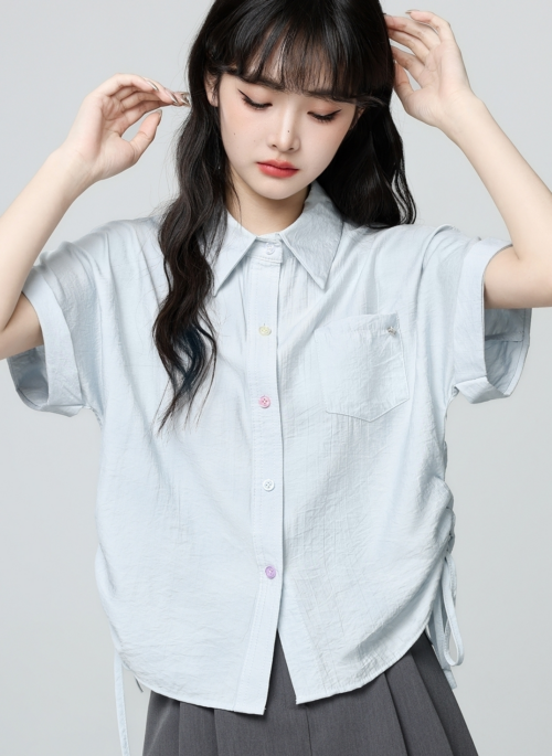 Blue Polo Collar Short Sleeve Ruched Shirt