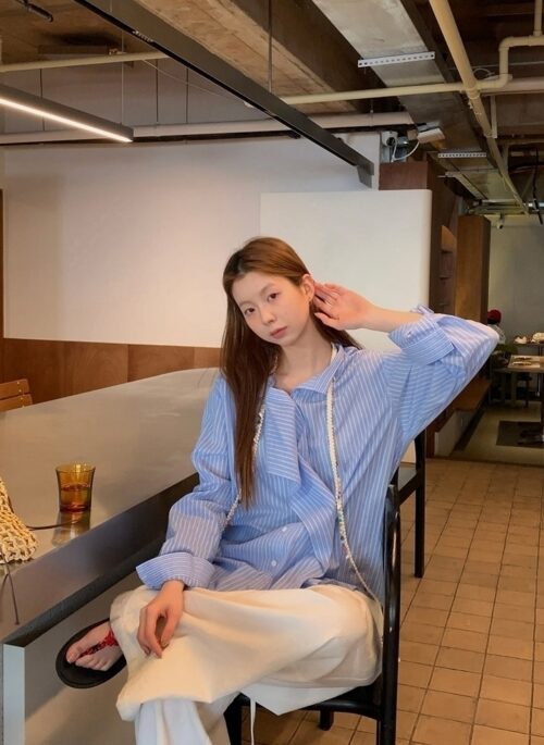 Blue Striped French Style Loose Fit Sun Shirt