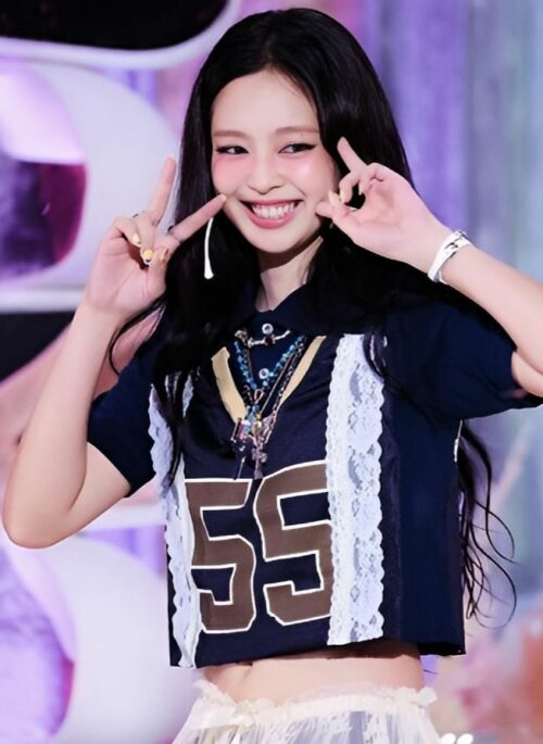 Blue Varsity Lace Patchwork T-Shirt | Jennie - BlackPink