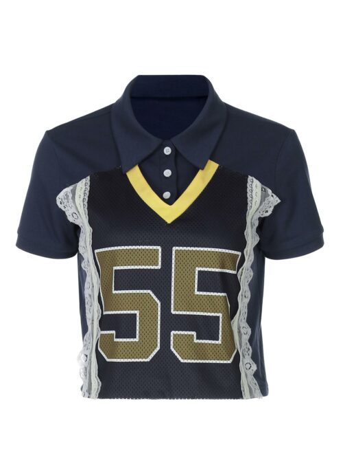 Blue Varsity Lace Patchwork T-Shirt | Jennie - BlackPink