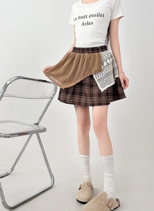 Bohemian Lace Patchwork Plaid High Waist Mini Skirt