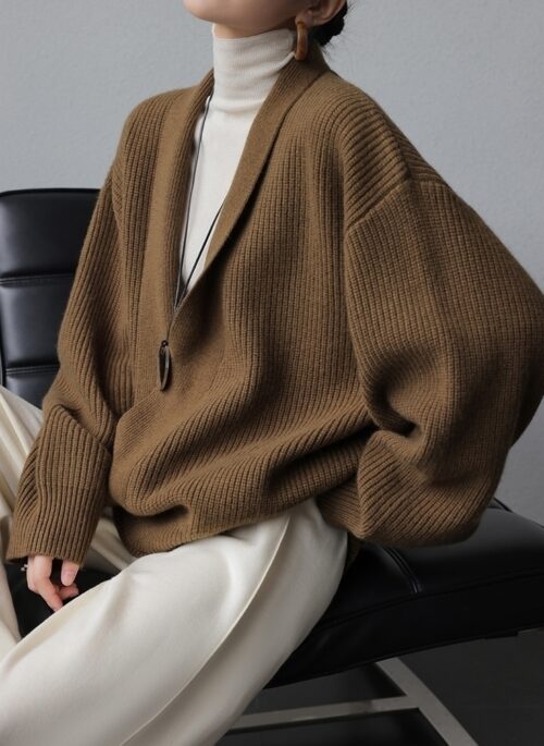 Brown Ribbed Knitted Wrap Cardigan | Do Do Hee – My Demon