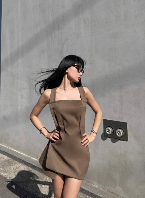 Brown Structured Square Neck Mini Dress | Somi