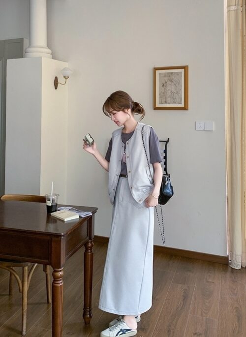 Casual Denim Vest T Shirt Skirt Set