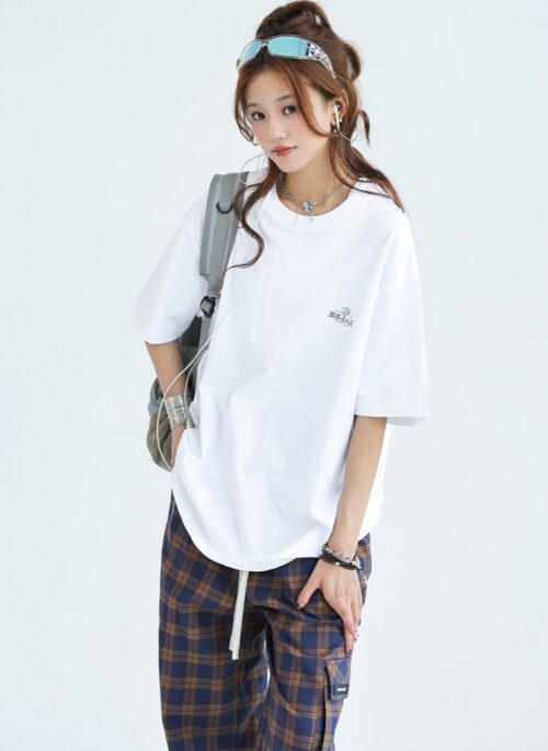 Chic Letter Print Cotton Crewneck T Shirt