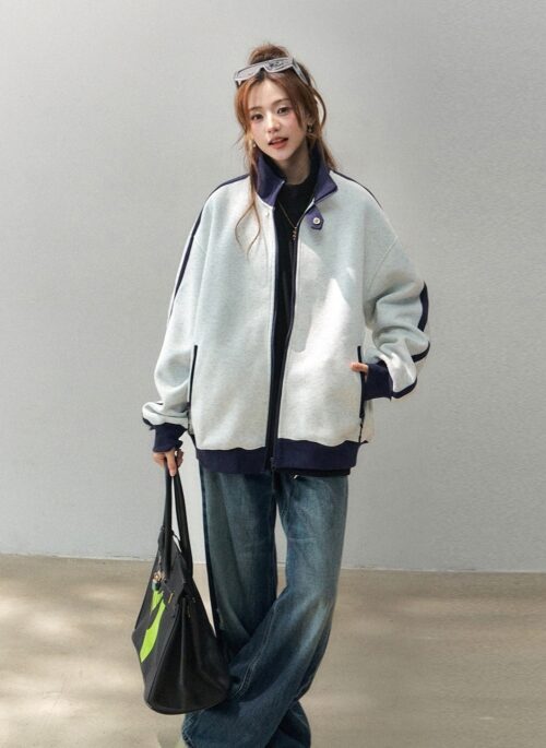 Colorblock Stand Collar Streetwear Sweatshirt Jacket