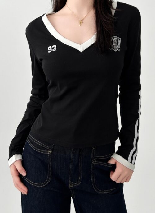 Colorblock V Neck Slim Fit Vintage Long Sleeve Top