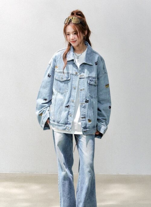 Cute Cat Dog Embroidered Denim Jacket