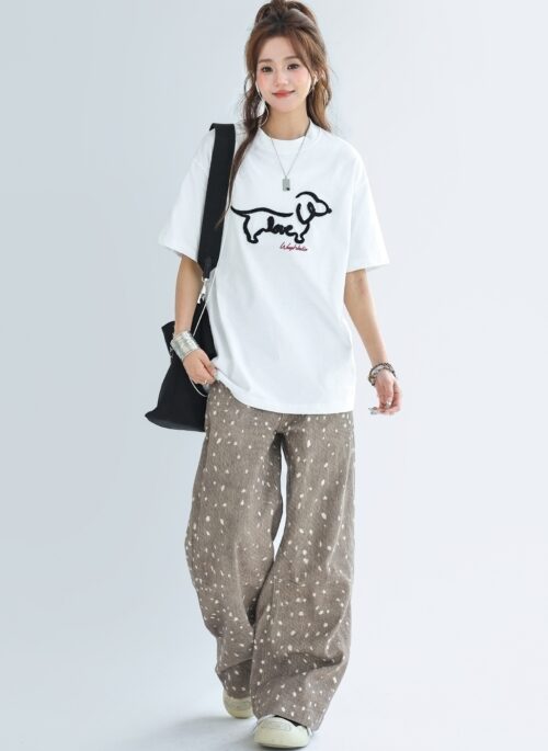 Cute Dachshund Embroidery Cotton Loose Fit Tee