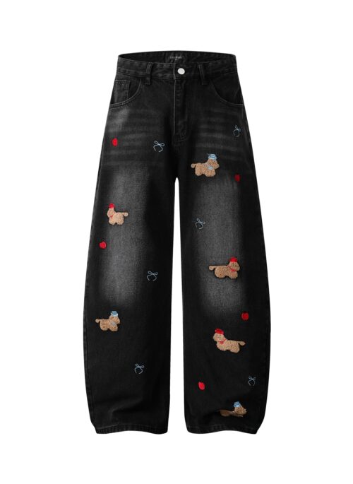 Cute Dog Patch High Waist Vintage Washed Wide Leg Jeans