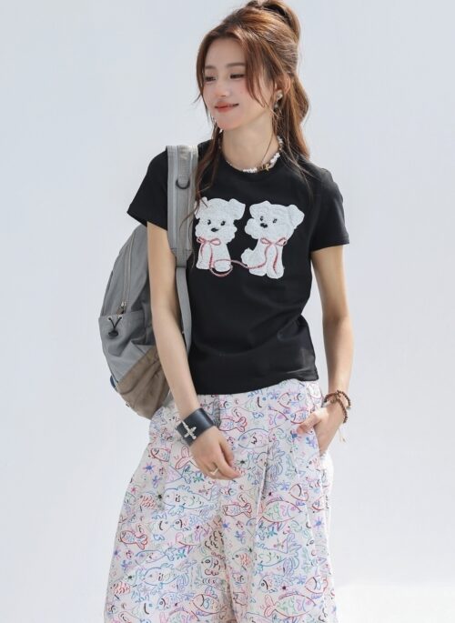 Cute Fluffy Puppy Embroidered Slim Fit T Shirt