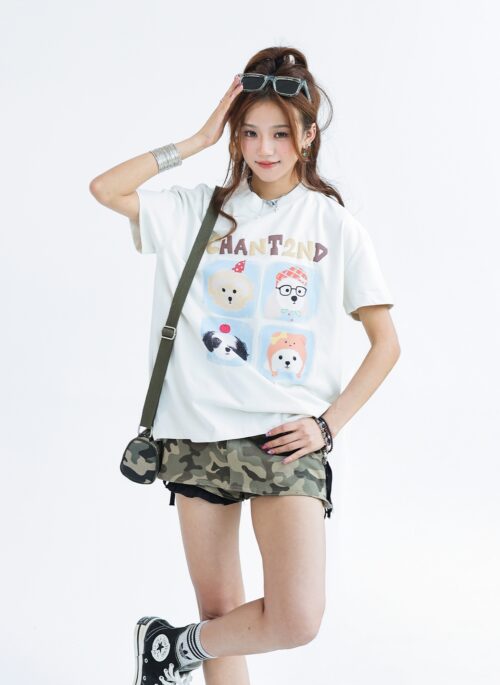 Cute Puppy Print Ice Silk Short Sleeve Tee