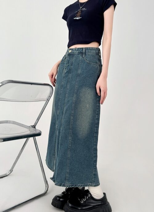 Denim High Waist A Line Midi Skirt Vintage Style
