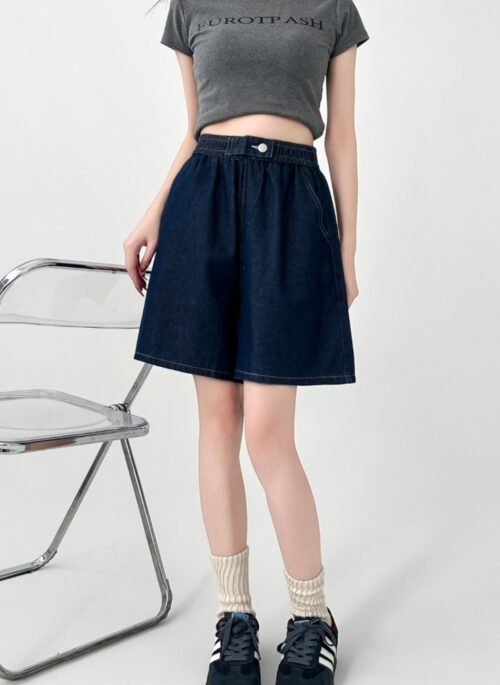 Denim Wide Leg Loose Fit Elastic Waist Shorts